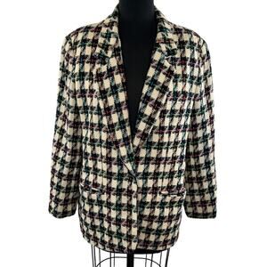 VINTAGE Giorgio Saint Angelo 80's Cream Black Houndstooth Wool Blazer 12 VTG